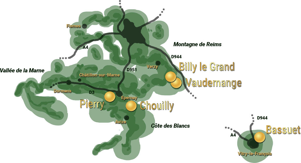 Carte de la Champagne indiquant les vignobles des Lapie. Textes : Vaudemange, Billy le Grand, Pierry, Chouilly, Bassuet