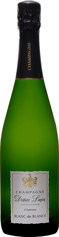 Bouteille de Champagne, étiquette blanche, texte : Champagne Didier Lapie, Viticulteur à Vaudemange, Blanc de blancs