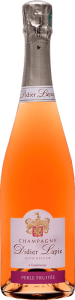 Bouteille de Champagne de couleur rosé, étiquette blanche, texte : Champagne Didier Lapie, Viticulteur à Vaudemange. Étiquette bordeaux, texte : Perle fruitée