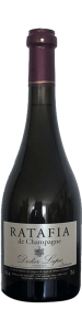 Bouteille de Champagne, étiquette argentée, texte : Ratafia de Champagne, Didier Lapie, Viticulteur à Vaudemange