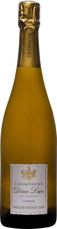 Bouteille de Champagne, étiquette blanche, texte : Champagne Didier Lapie, Viticulteur à Vaudemange. Vieilles vignes 2009